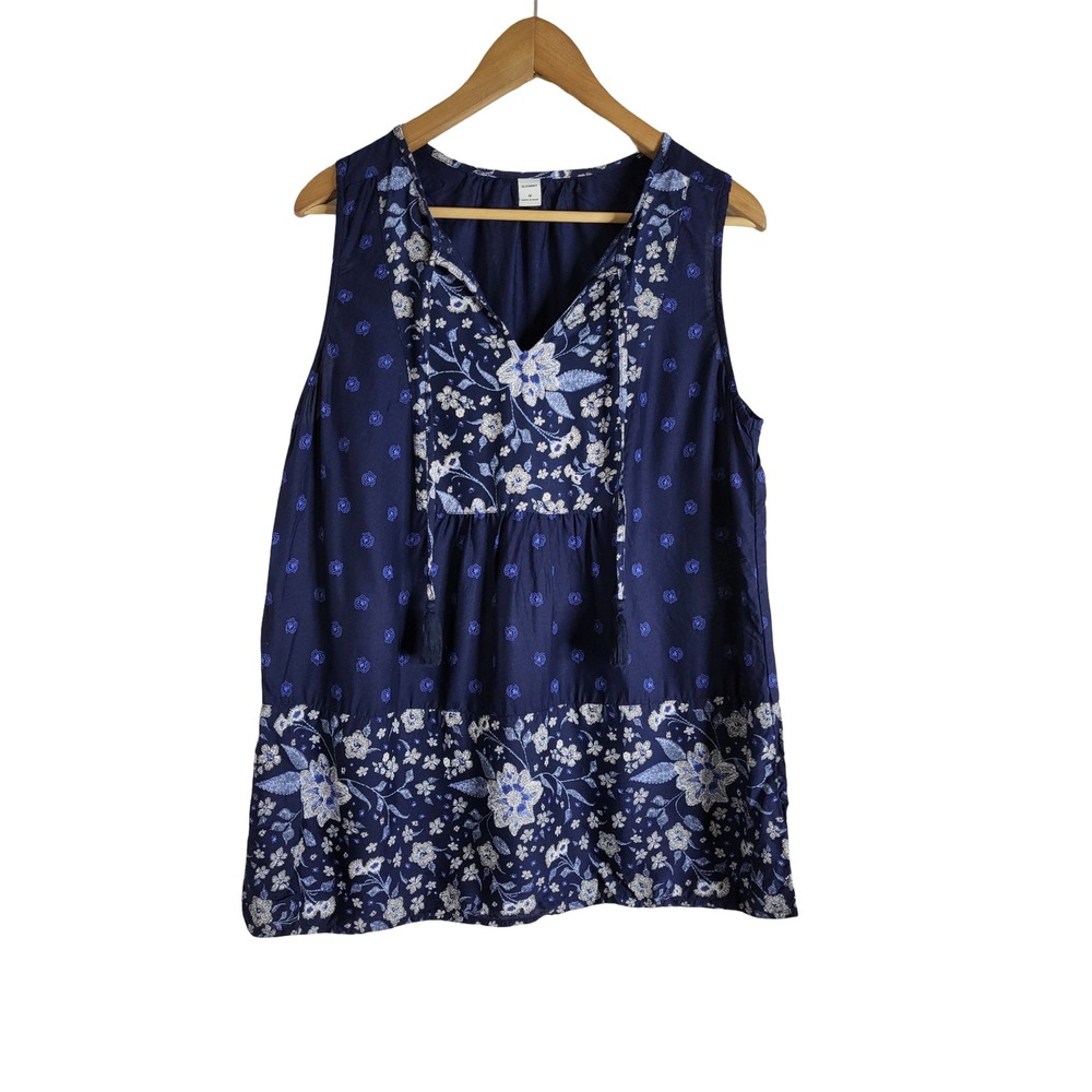 Old Navy Womens Navy Blue Floral Embroidered Sleeveless Tassel Swing Top M